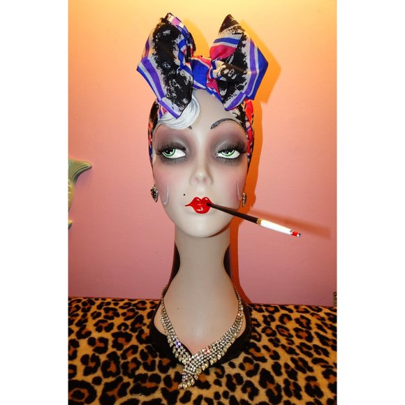 Vintage Pink & Blue Striped Sarah Coventry Scarf pinup retro rockabilly bow - Picture 7 of 10